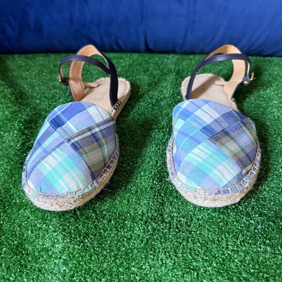 Talbots Size 9.5 Izzy D'Orsay Espadrilles Raffia Blue Madras Plaid Shoes Sandals - Picture 2 of 10